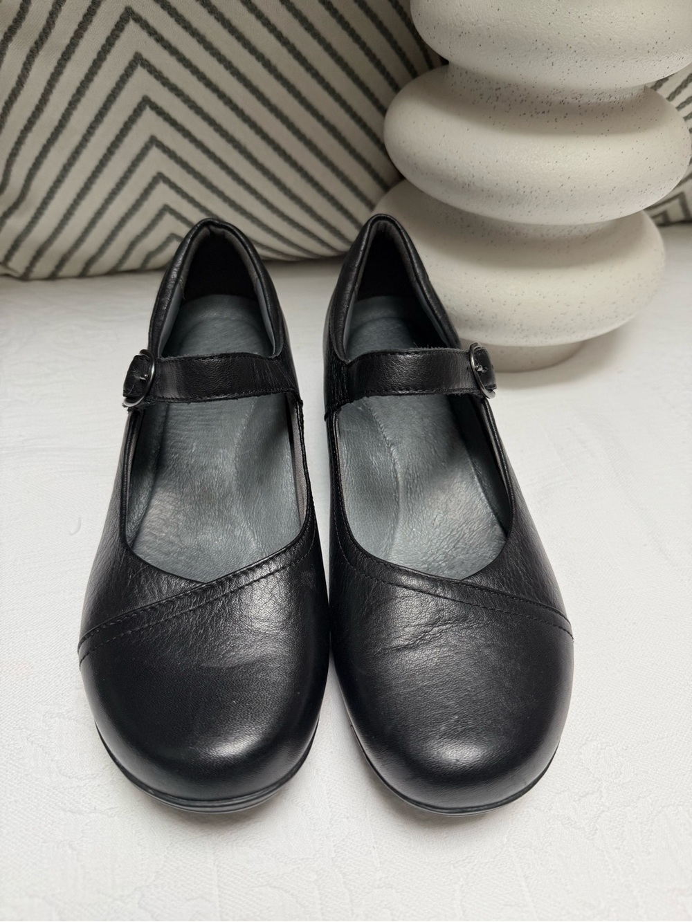 Dansko Black Leather Mary Jane Flats with Strap